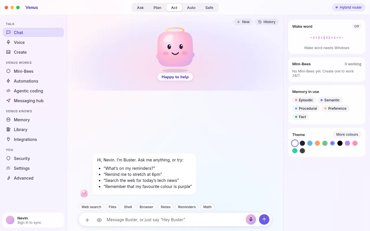 The Venus AI chat window, with the Buster character and a conversation